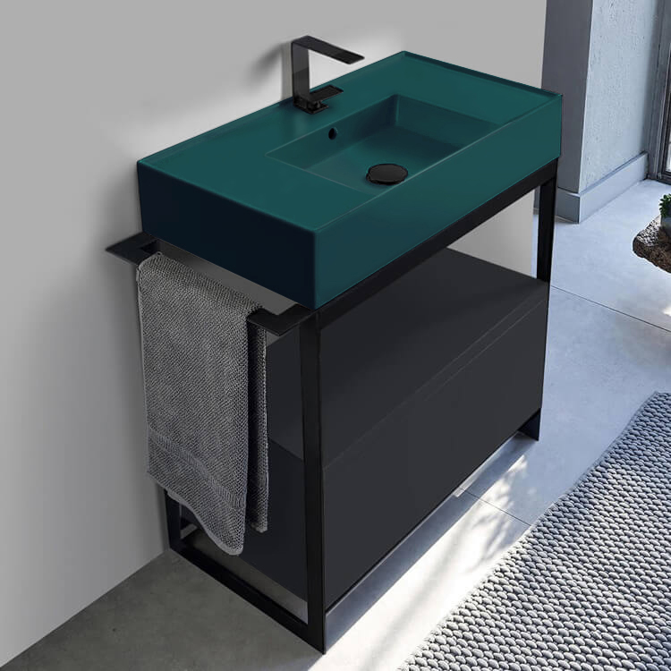 Scarabeo 5123-55-SOL1-49 Green Sink Bathroom Vanity, Matte Black, Floor Standing, Modern, 35 Inch